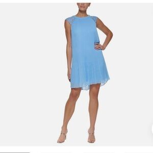 DKNY Blue Pleated Trapeze Dress with Lace Cap Sleeves